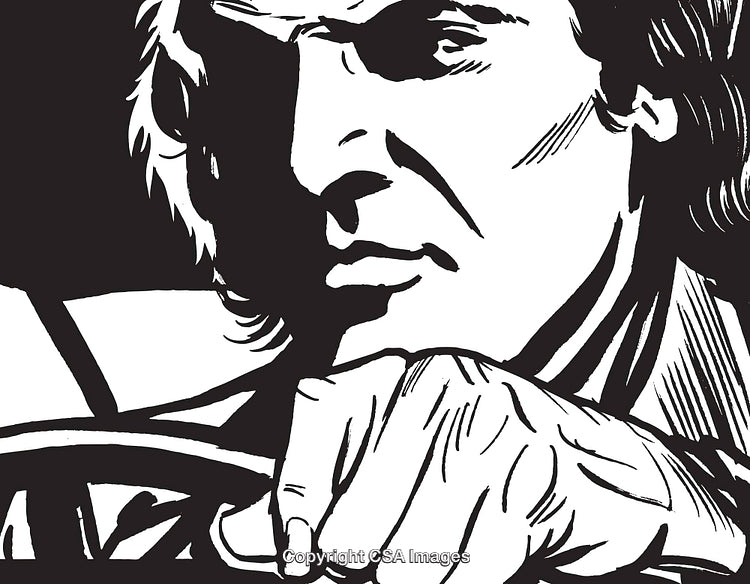 Monochrome Illustration of a Serious Driver Holding the Steering Wheel
