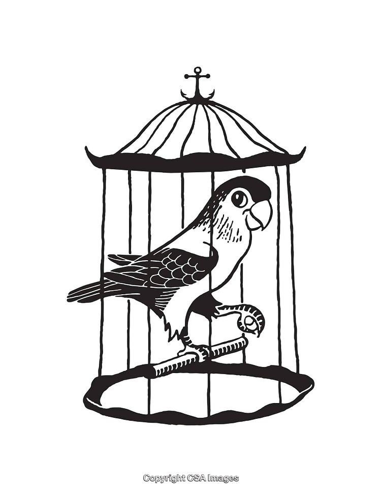 Black And White Line Art of Bird in Decorative Cage