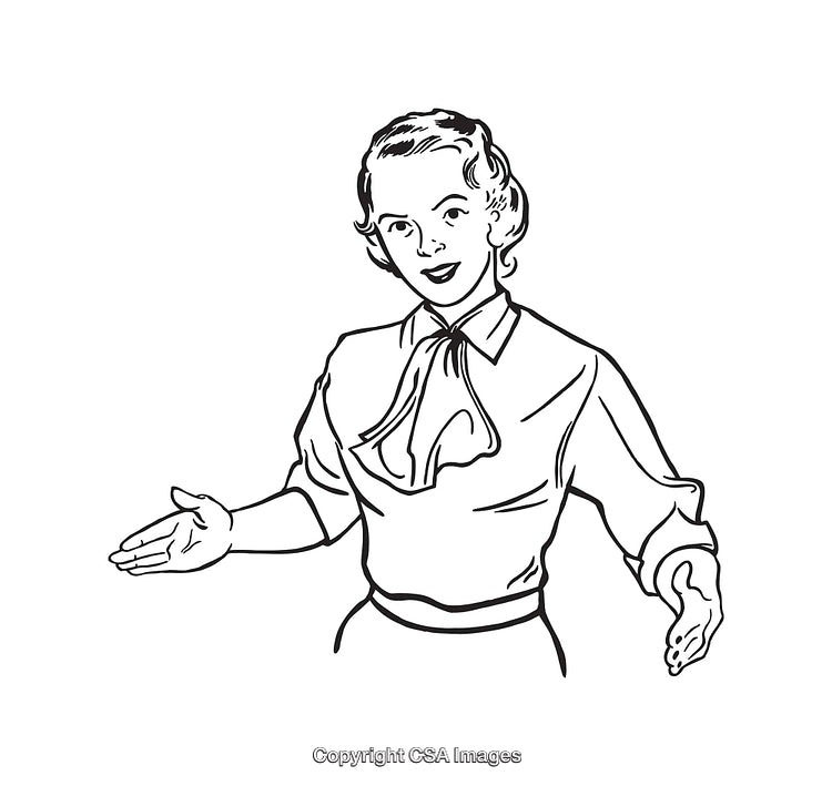 Retro Black and White Illustration of Woman in Welcoming Gesture