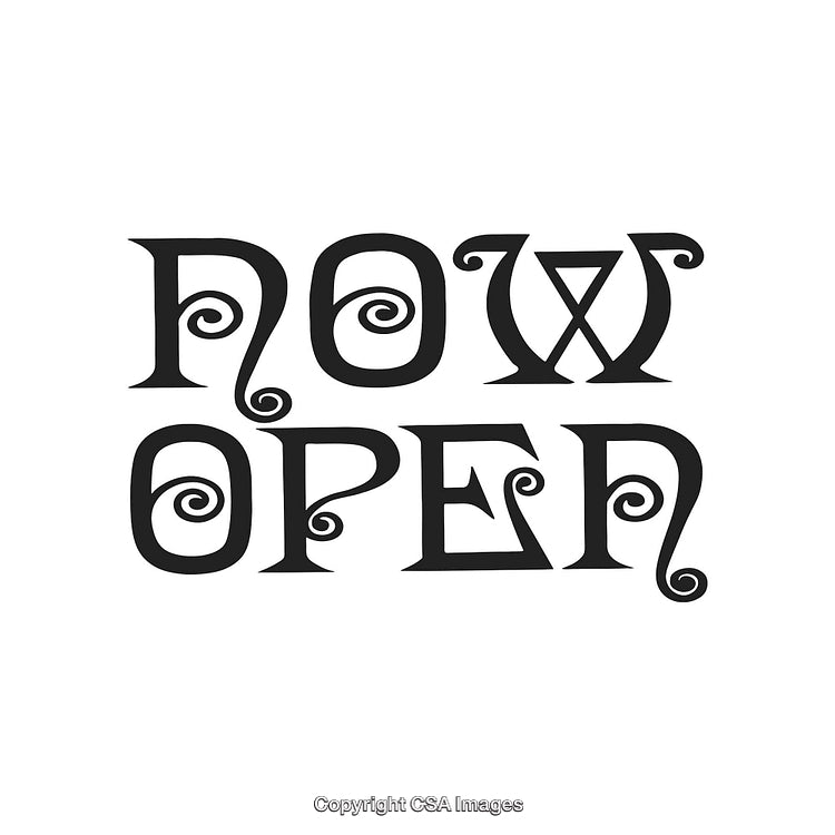 Creative Black Typography Design Featuring Swirling 'Now Open' Text on White Background