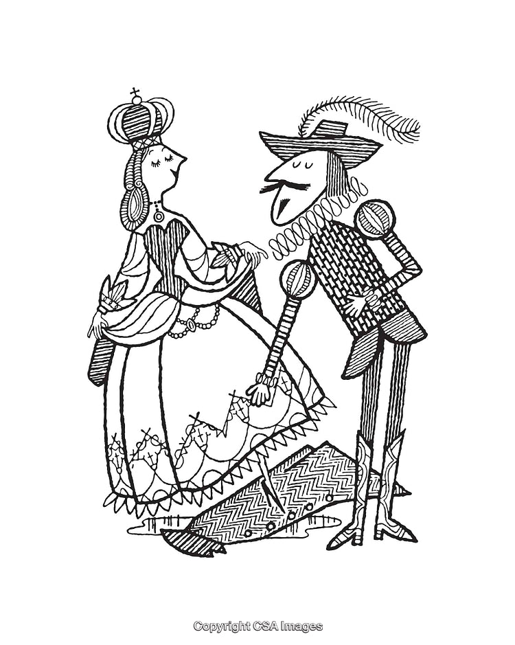 Black and White Line Art of Medieval King and Knight Interaction