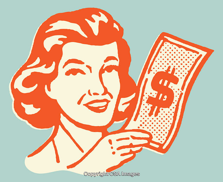 Vintage Illustration of a Woman Holding a Dollar Waving Bill