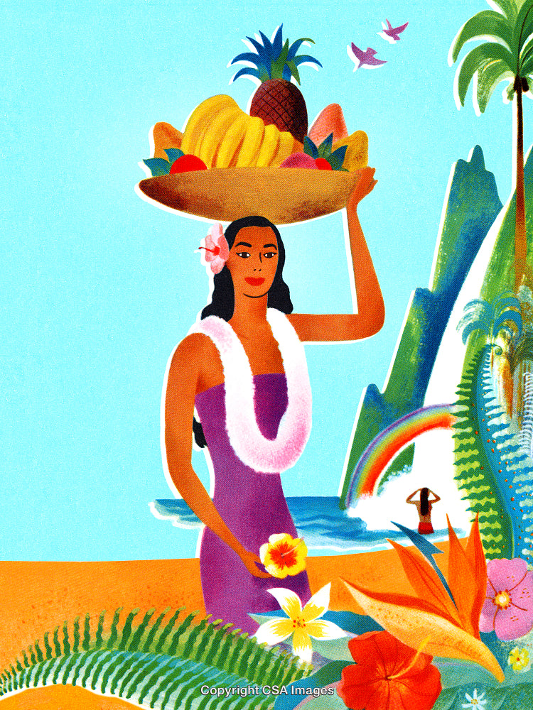 Colorful Island Scene with Woman, Tropical Fruits, and Lush Hawaiian Landscape