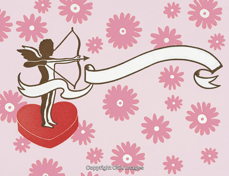 Cupid Silhouette with Heart, Banner, and Flower Background