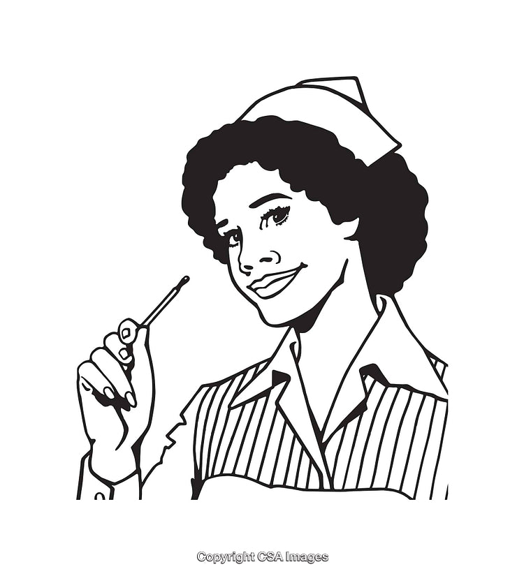 Black and White Line Art Illustration of a Smiling Nurse Holding a Tool