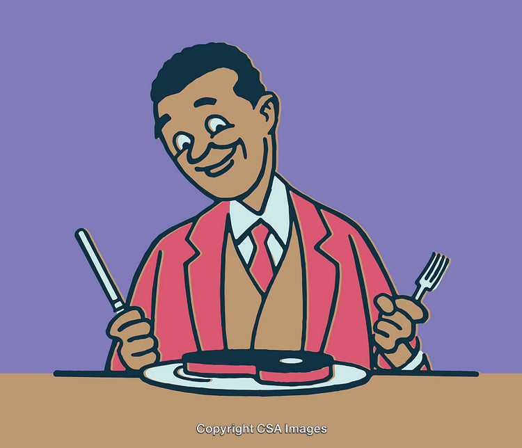 Colorful Illustration of a Happy Man Enjoying a Meal at the Table