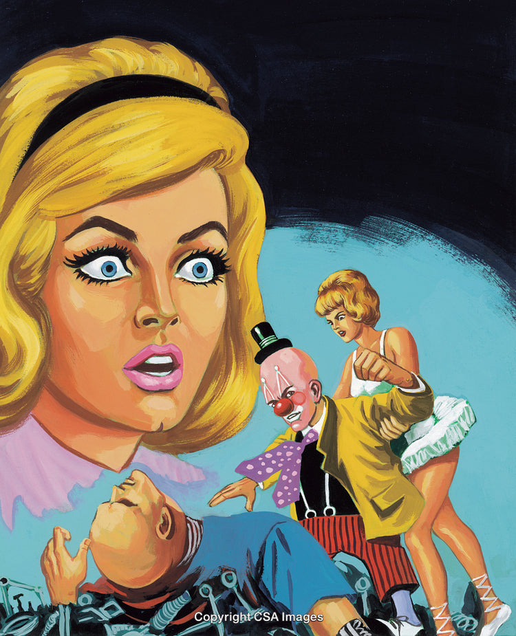 Surreal Illustration Featuring Clown, Woman, and Expression of Surprise