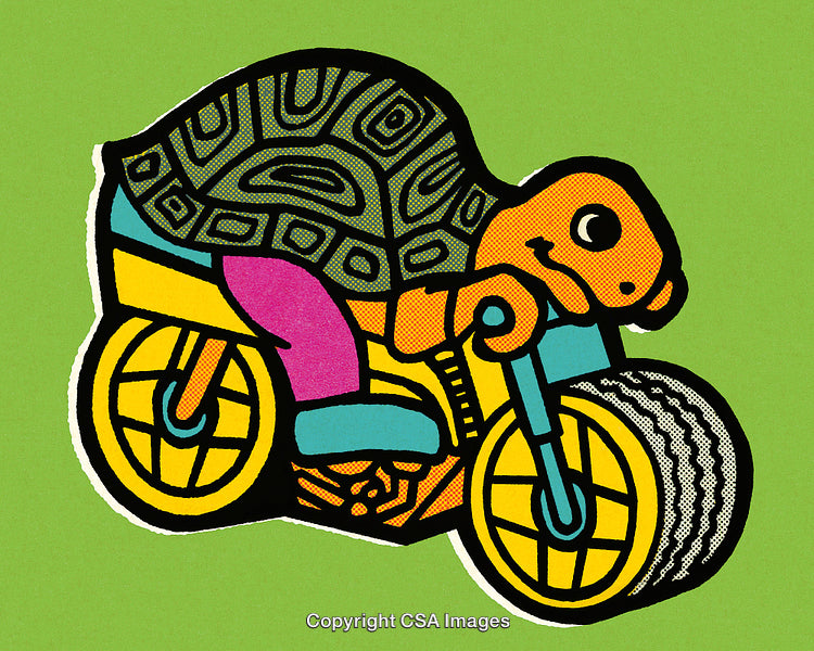 Creative Illustration of a Turtle Riding a Motorcycle on Green Background