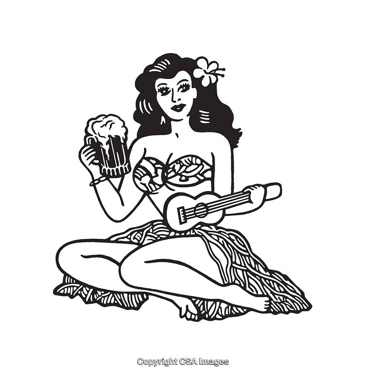 Black and White Line Art of a Hawaiian Woman With Ukulele and Drink