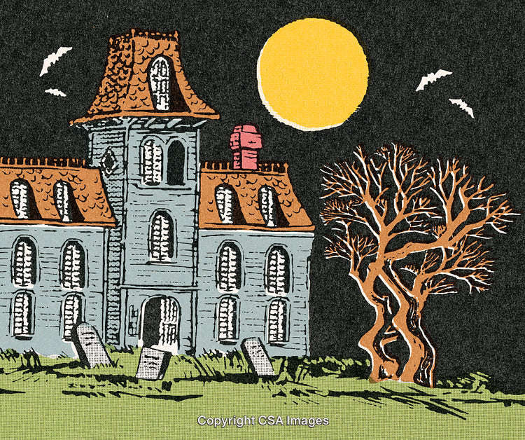Haunted Mansion Illustration Under Bright Full Moon in Eerie Night