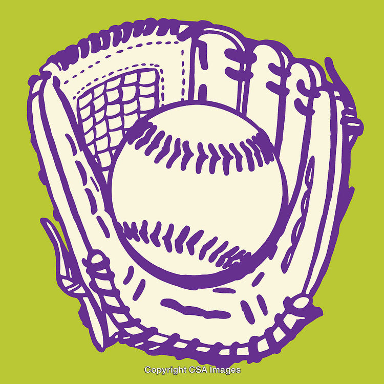 Baseball and Mitt Line Art Illustration on Vibrant Green Background