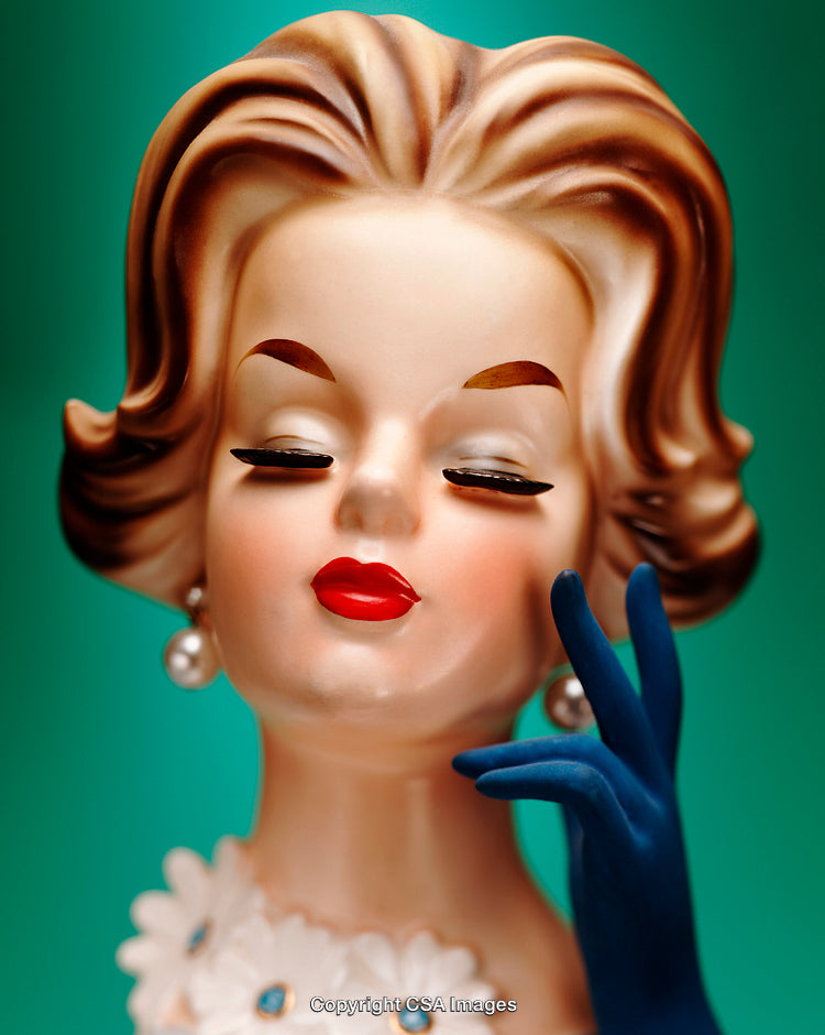 Elegant Vintage Figurine With Red Lips and Pearl Earrings