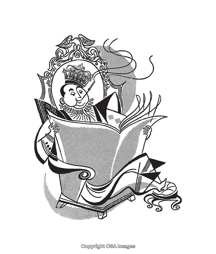 Black and White Line Art of a King Reading a Book in Chair