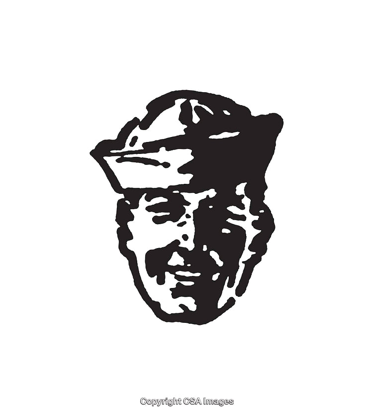 Black and White Line Art of a Smiling Man in a Cap
