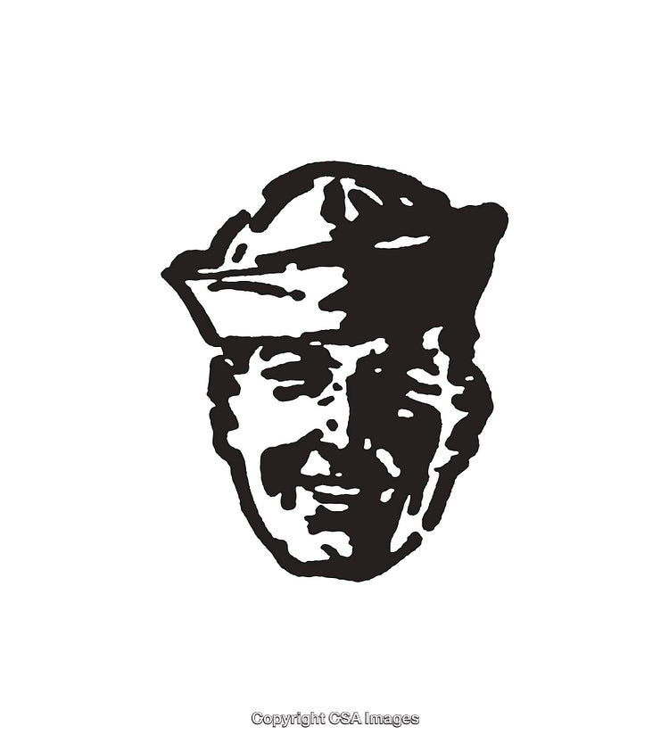Black and White Line Art of a Smiling Man in a Cap