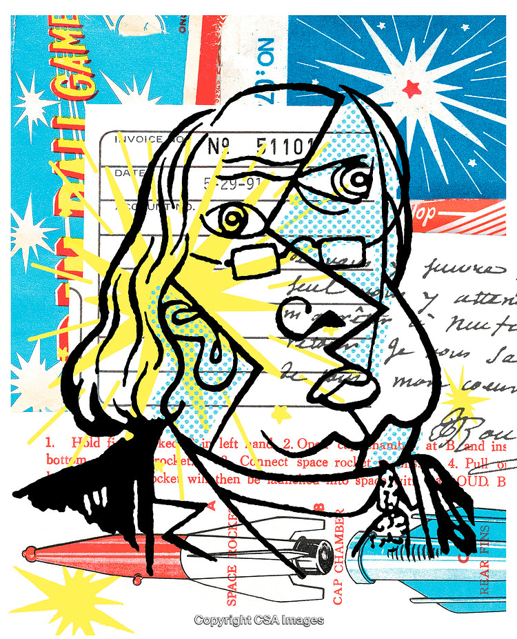 Colorful Abstract Artwork Featuring Line Portrait and Space-Themed Elements