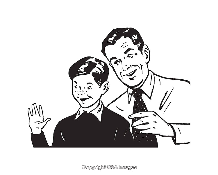 Vintage Black and White Illustration of a Smiling Father And Son