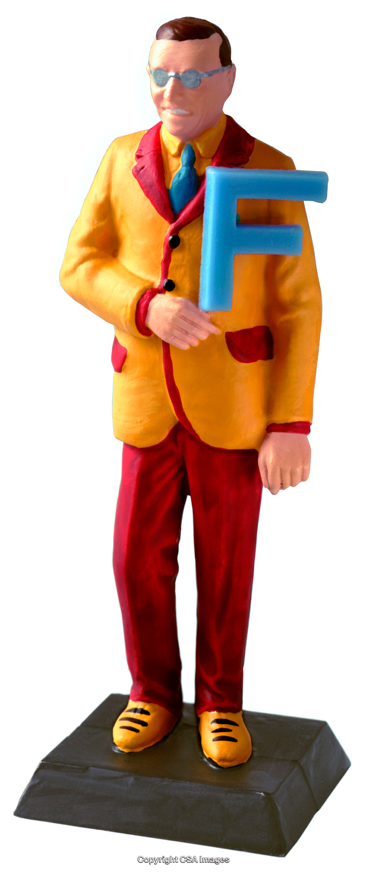 Colorful Figurine Holding Letter F Sculpture Standing on a Base