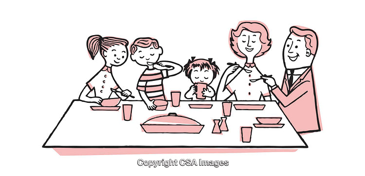 Color Illustration of a Happy Family Dining Together Around a Table