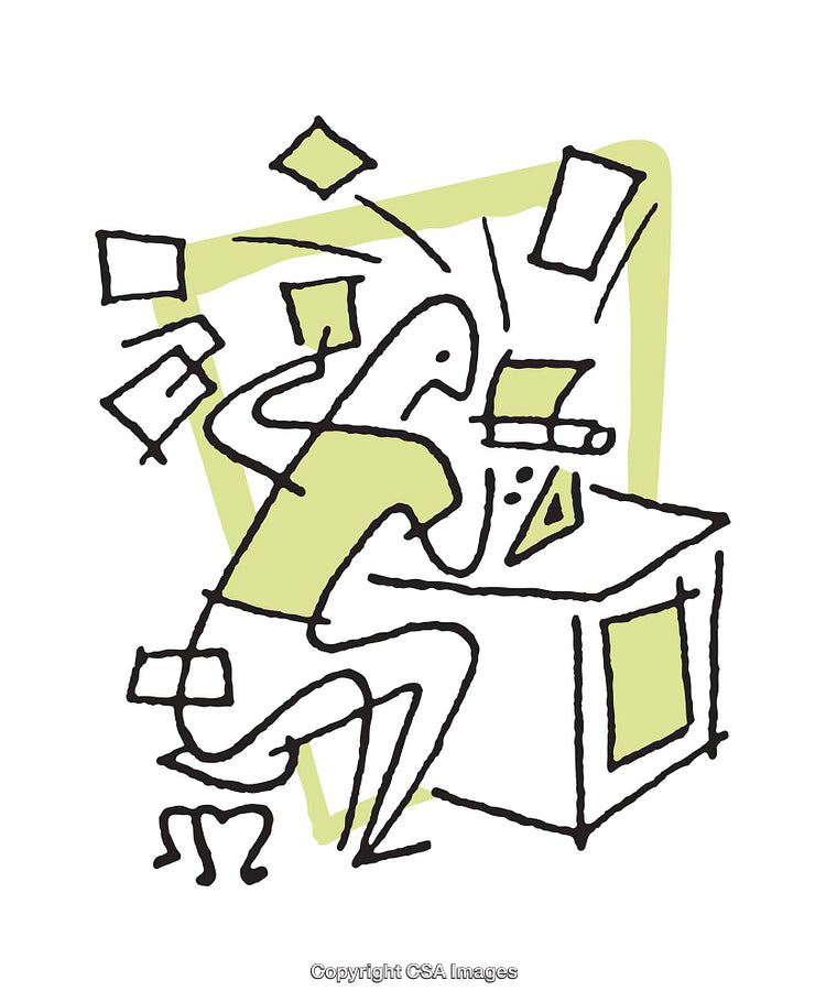 Cartoon Illustration of Overwhelmed Person Working at Desk with Paperwork
