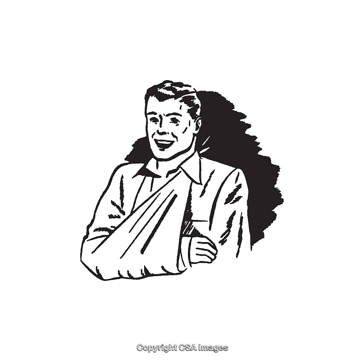 Retro Black and White Illustration of a Man with an Arm Sling