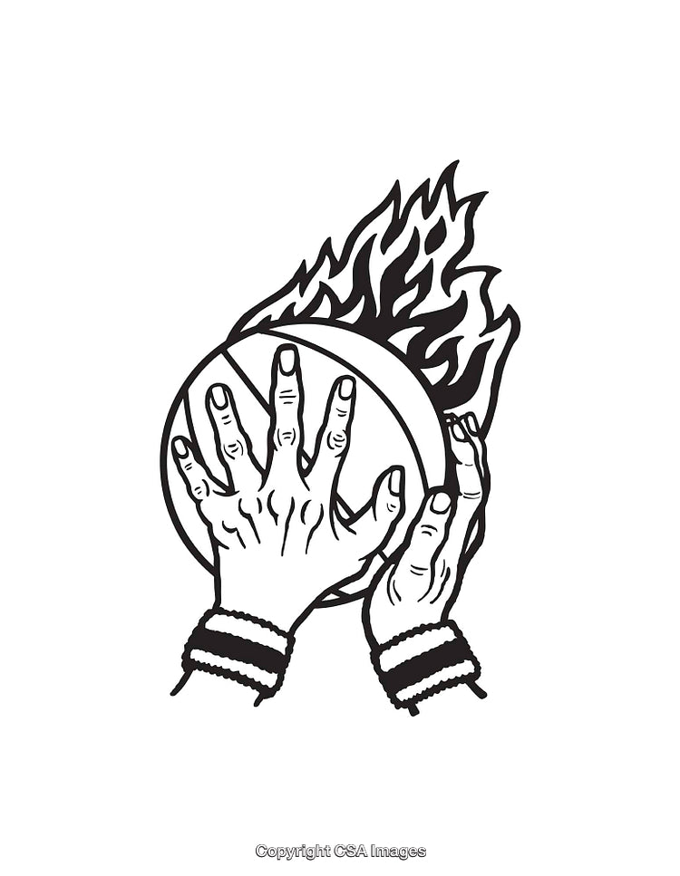 Abstract Black and White Line Art of Flaming Basketball and Hands