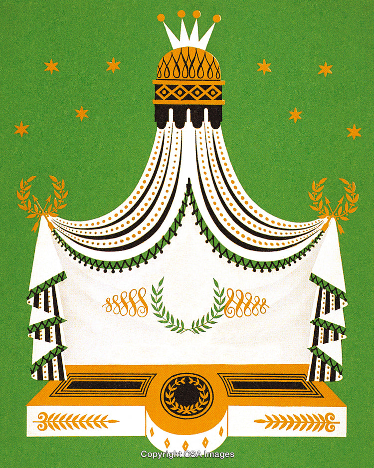 Elegant Regal Throne Illustration with Crown and Olive Wreaths on Green Background