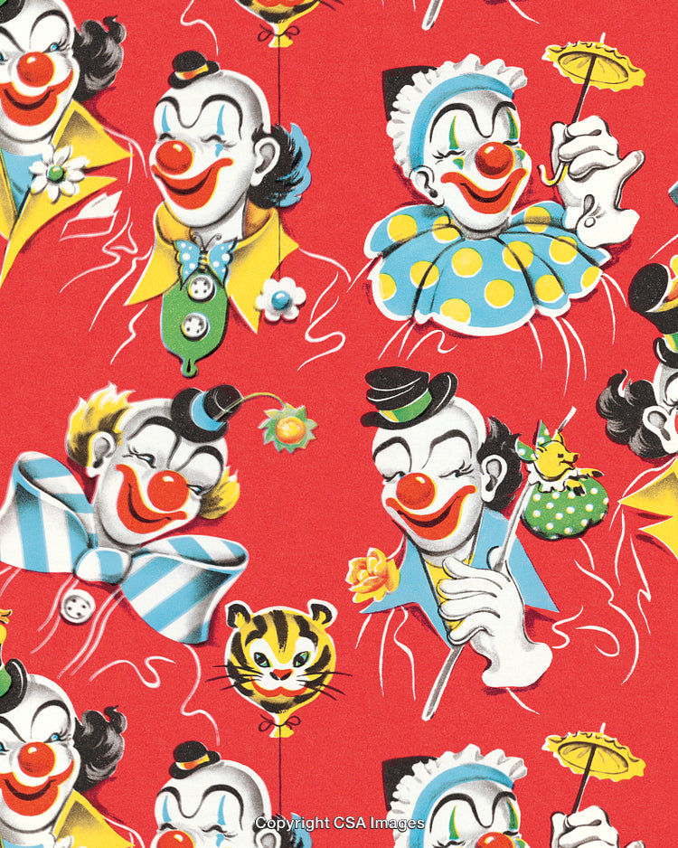 Vintage Clown Pattern on Vibrant Red with Playful Retro Design Elements