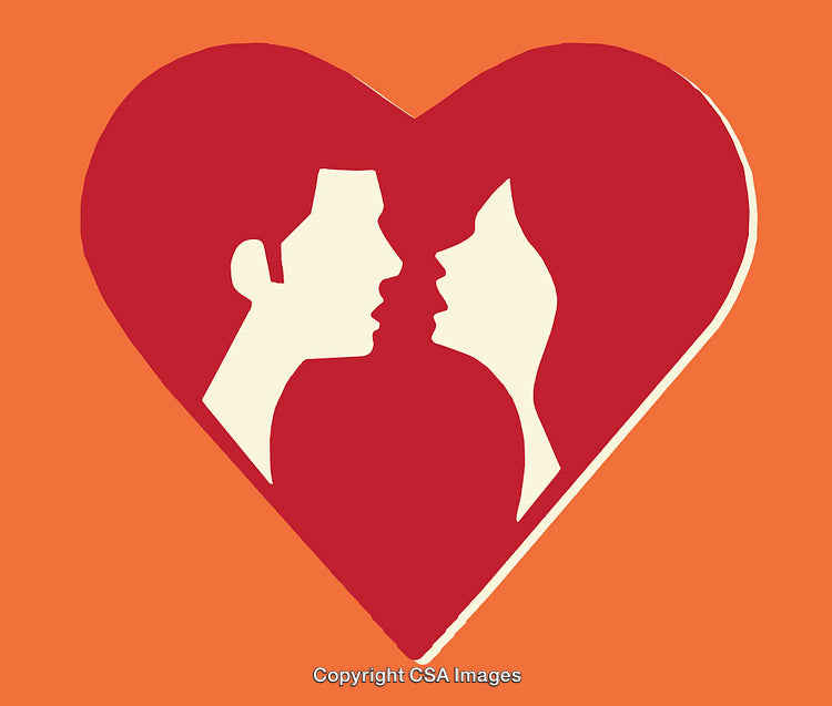 Romantic Silhouette of a Couple Within a Heart Icon on Orange Background