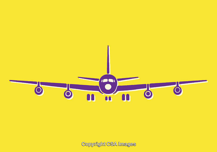 Purple Airplane Illustrated on Bright Yellow Background in Minimalistic Style