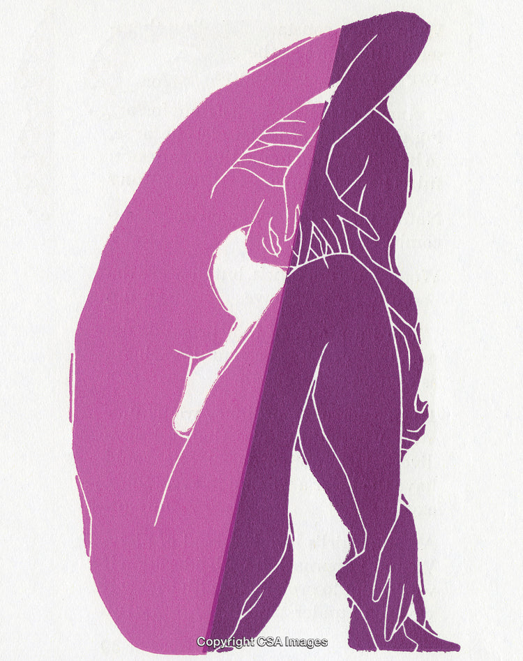 Abstract Purple Illustration of a Seated Person Emphasizing Elegance and Movement