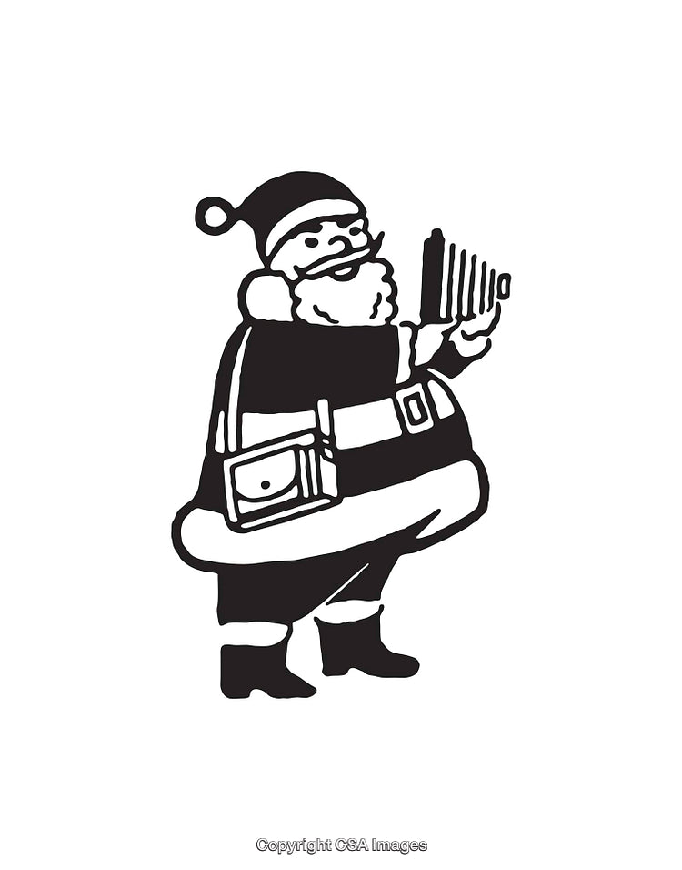 Black and White Graphic of Santa Claus Holding a Camera