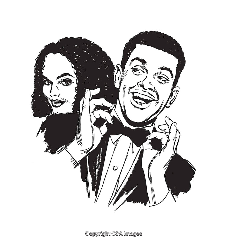 Black and White Illustration of a Happy Couple in Formal Attire