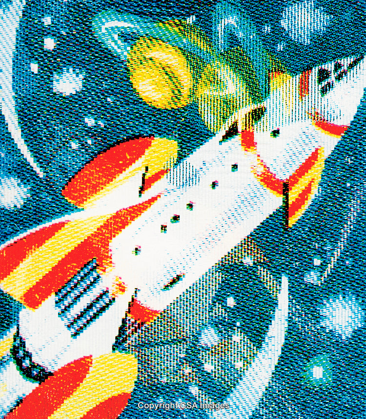 Illustrated Space Rocket Flying Through Colorful Outer Space with Planets