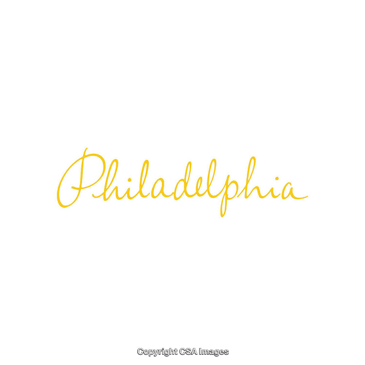 Philadelphia Written in Cursive Yellow Script on a White Background