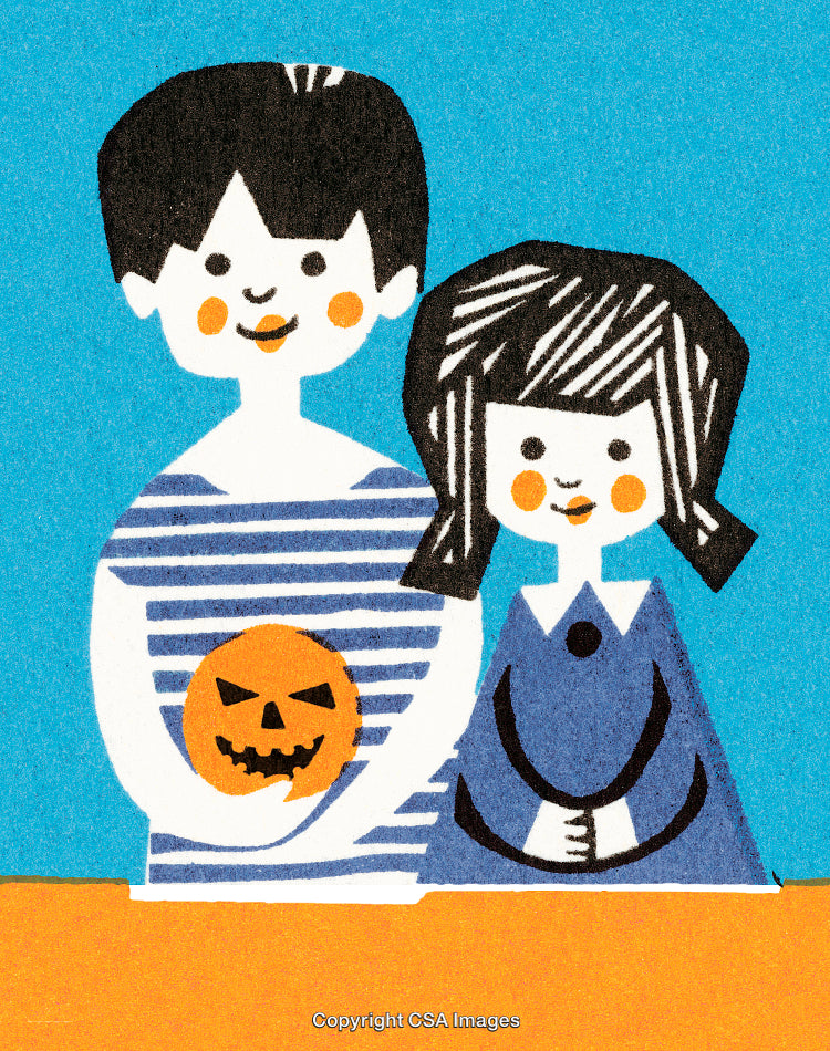 Happy Children Holding a Halloween Pumpkin Against a Bright Blue Background