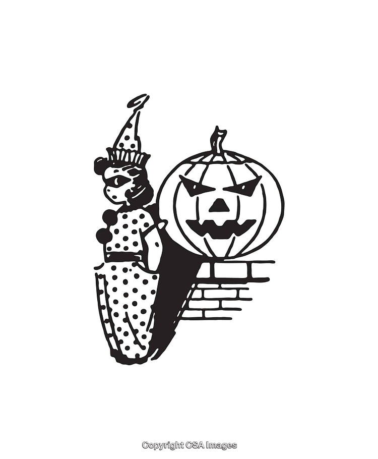 Vintage Halloween Illustration Featuring Clown and Pumpkin With Brick Wall