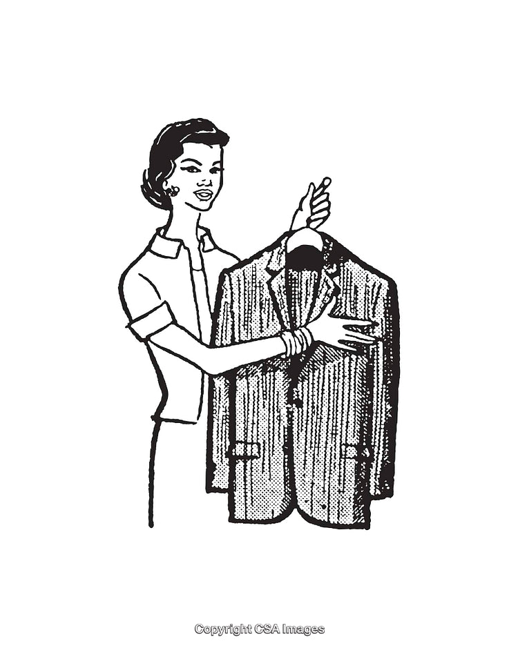 Vintage Line Art of a Woman Holding a Suit Jacket