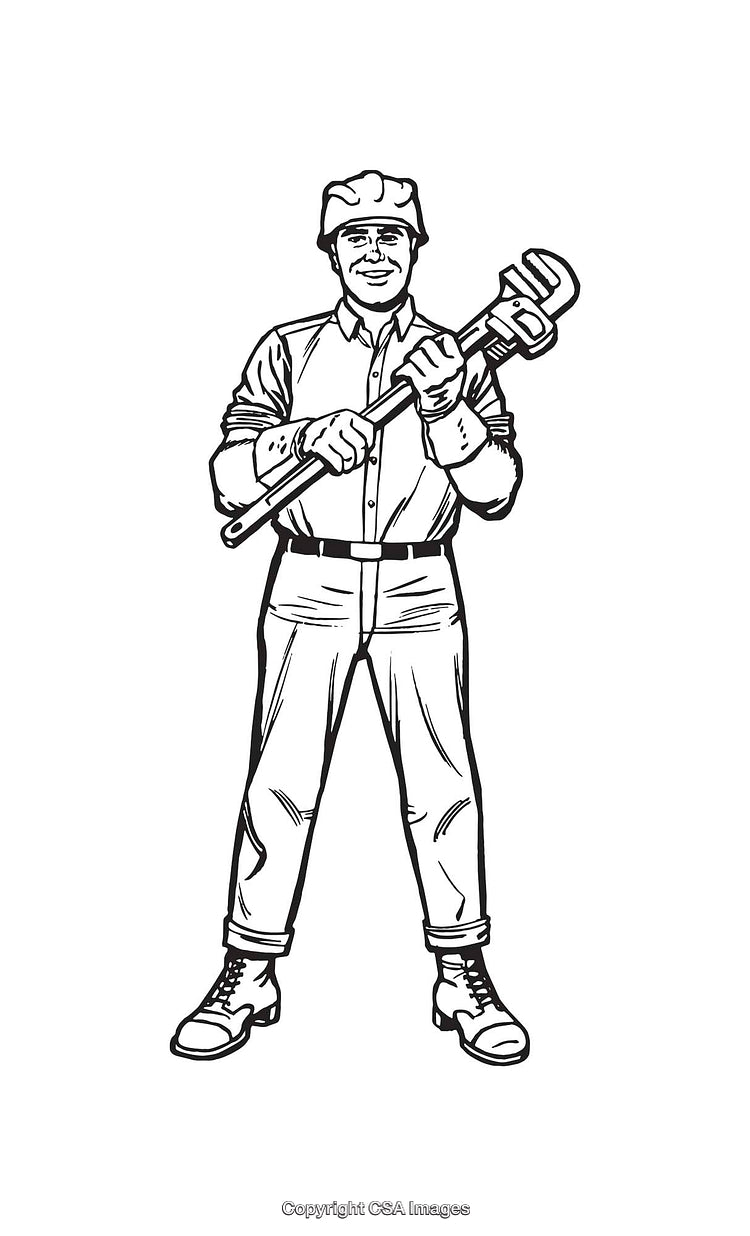 Black and White Line Art of a Worker Holding a Wrench Tool