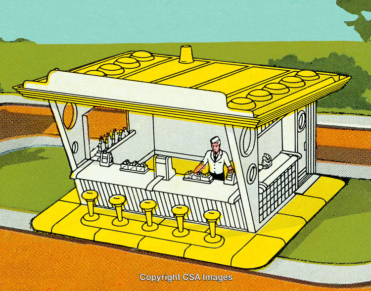 Vintage Cartoon Illustration of a Retro Food Stand With Vendor