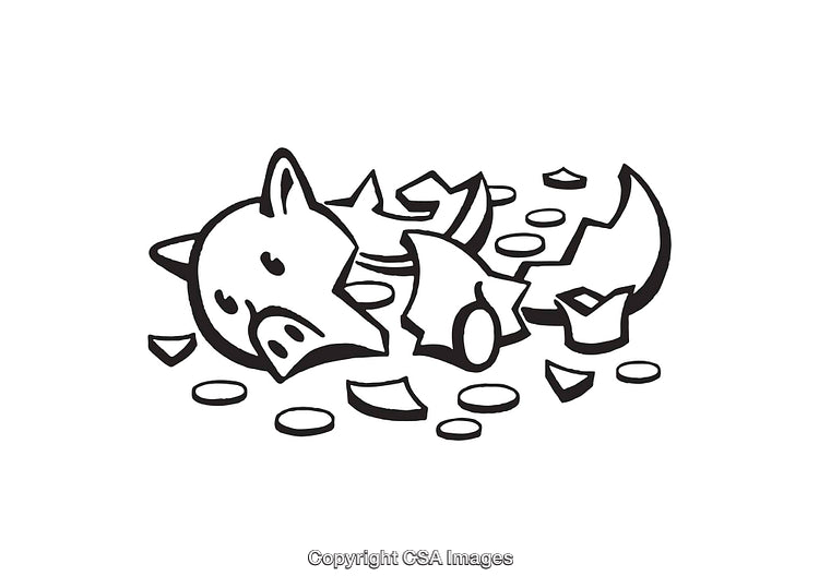 Black and White Illustration of a Broken Piggy Bank with Coins