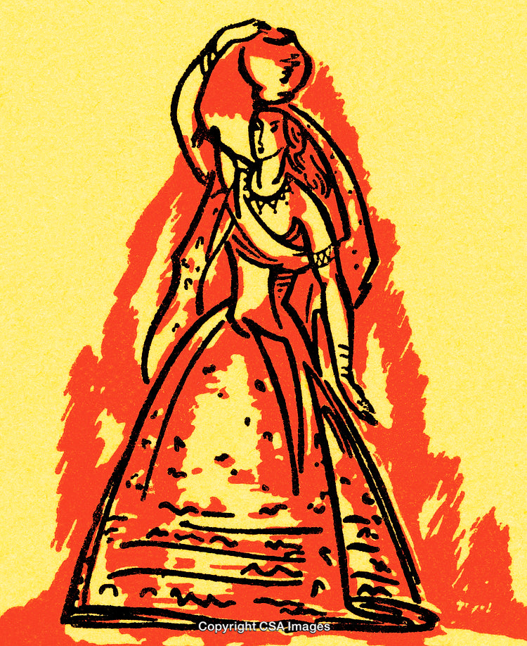 Vibrant Illustration of Traditional Woman with Pot on Yellow Background