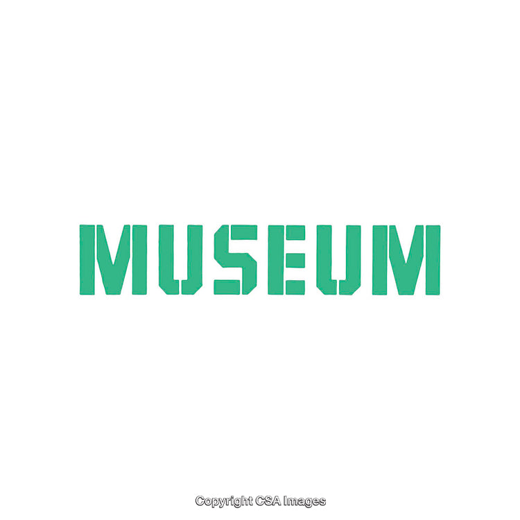 Green Block Stencil Text Design Depicting the Word 'Museum' on White Background