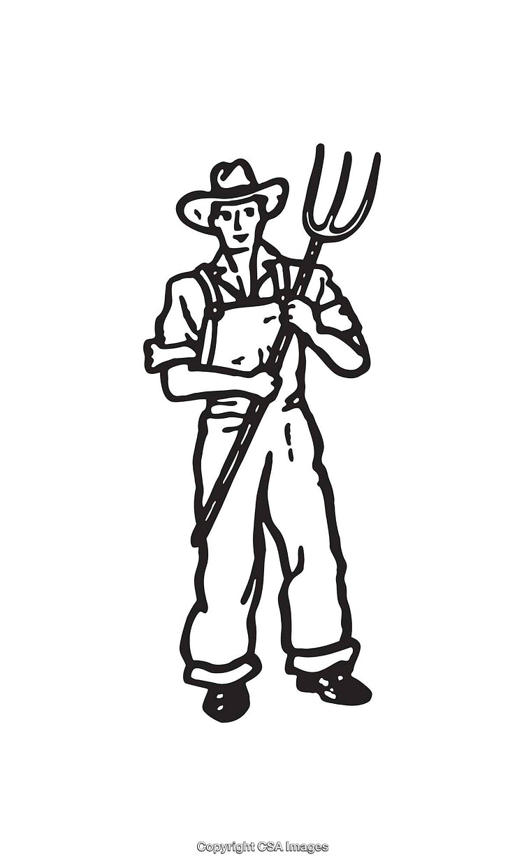 Black and White Line Art Illustration of a Farmer Holding Pitchfork