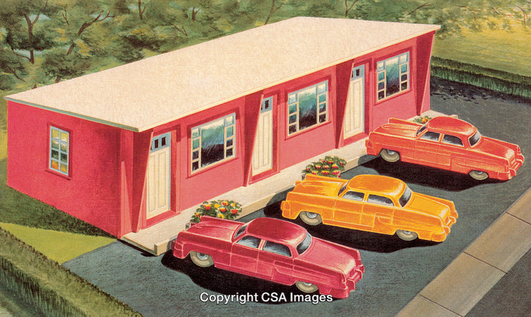 Vintage Illustration of Colorful Cars Parked Near Retro Motel Building