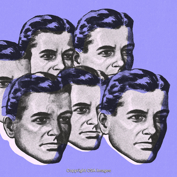 Pop Art Illustration of Repeated Male Portraits on a Purple Background