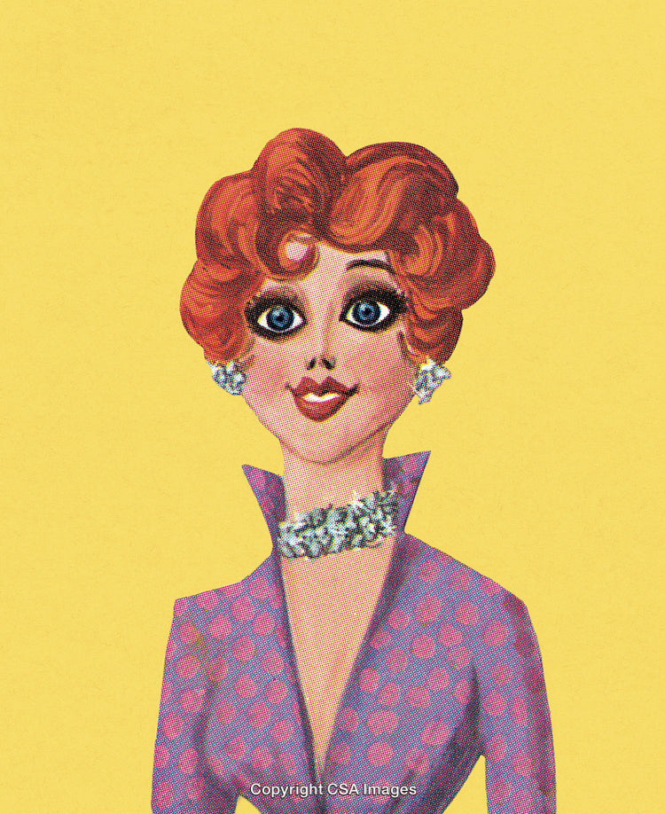 Illustrated Portrait of a Glamorous Woman With Red Hair and Jewelry