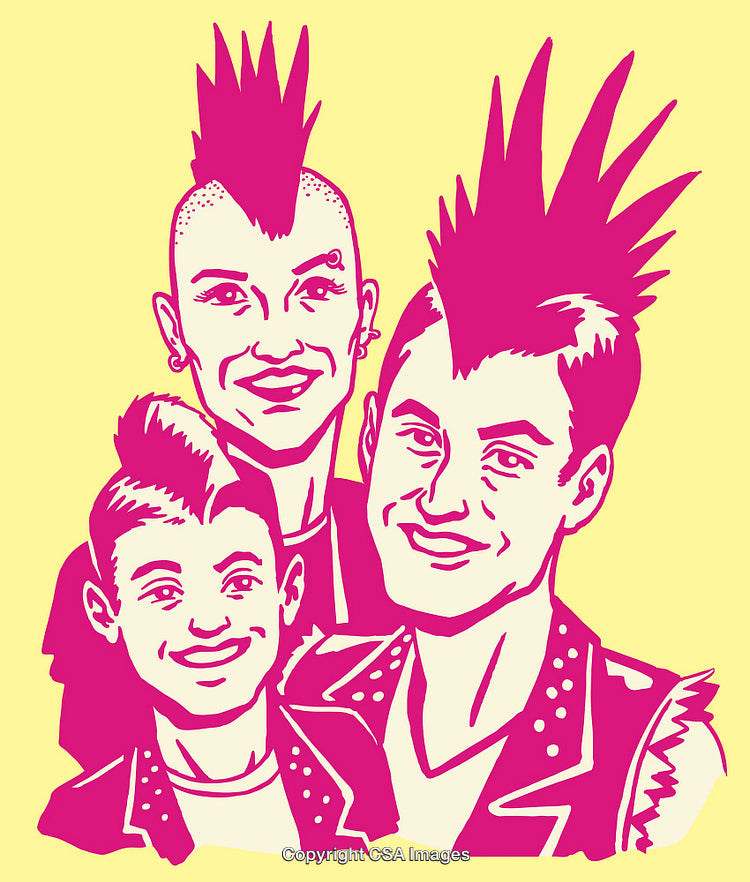 Colorful Line Art of Three People with Vibrant Mohawk Hairstyles