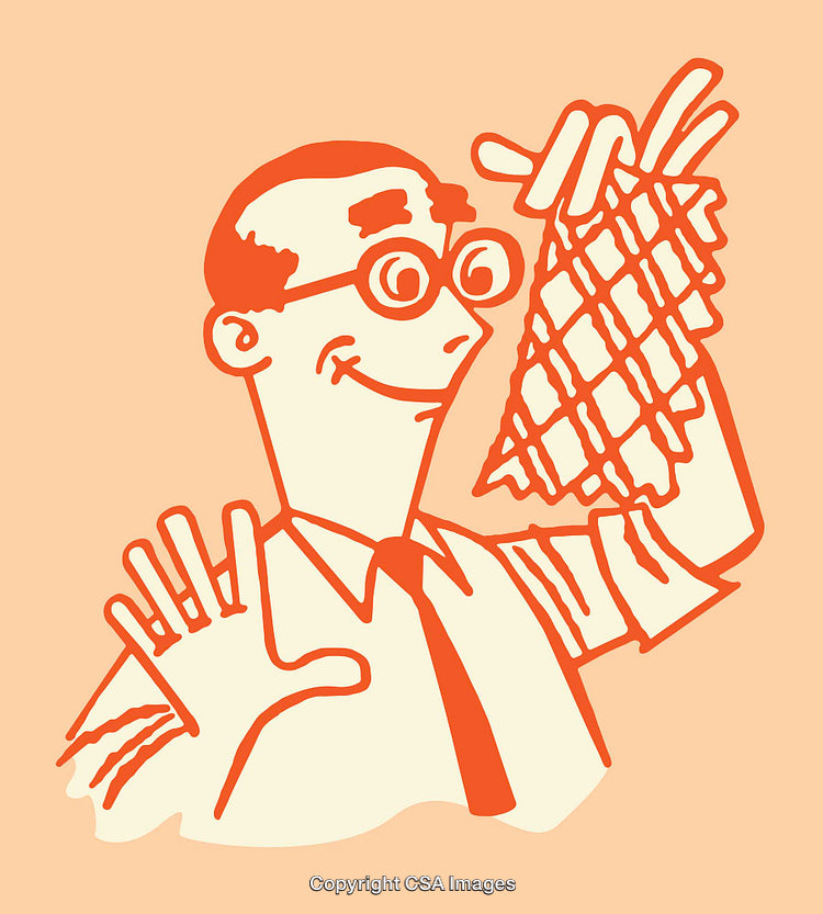 Retro Line Art of Smiling Man in Tie Holding Waffle
