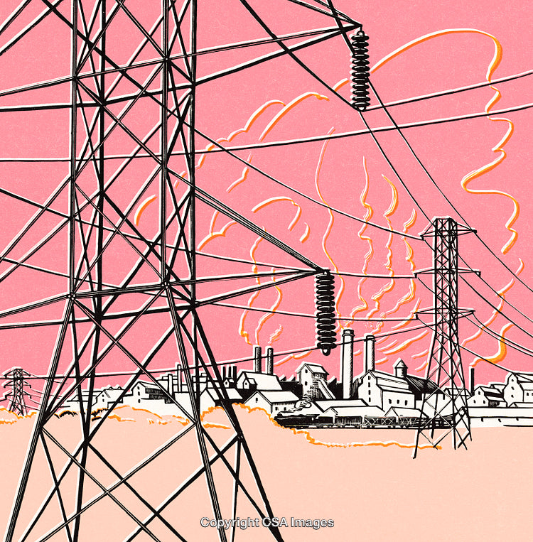 Industrial Landscape With Power Lines Against a Vibrant Pink Sky